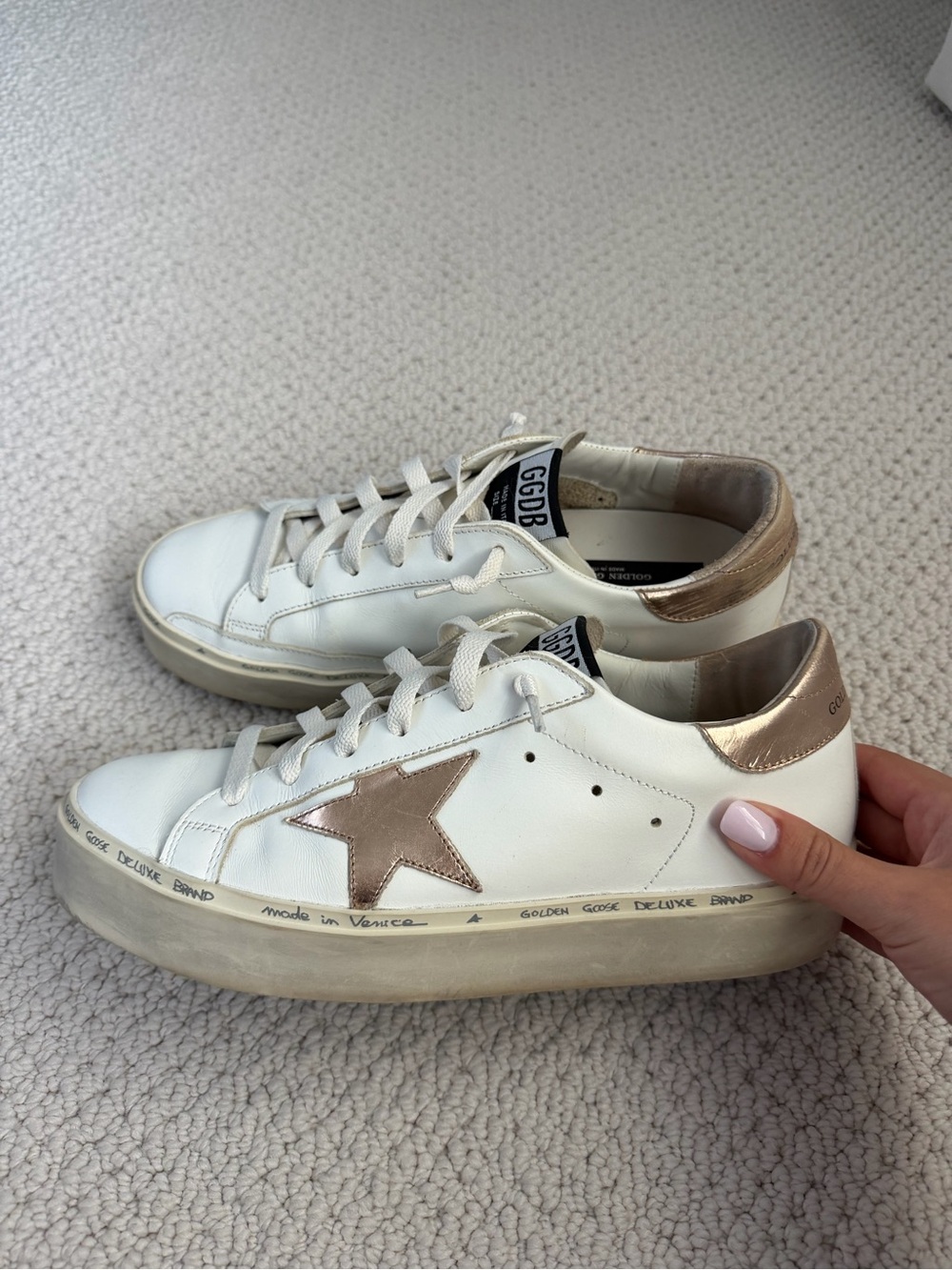 Golden Goose White Leather Sneakers with Metallic Rose Gold Star & Heel